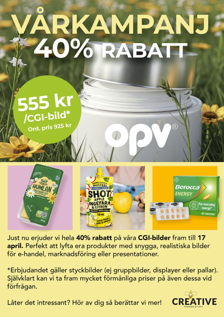 Fotorealistisk CGI-kampanjbild med OPV-produkt i naturmiljö – 40% rabatt på CGI-bilder